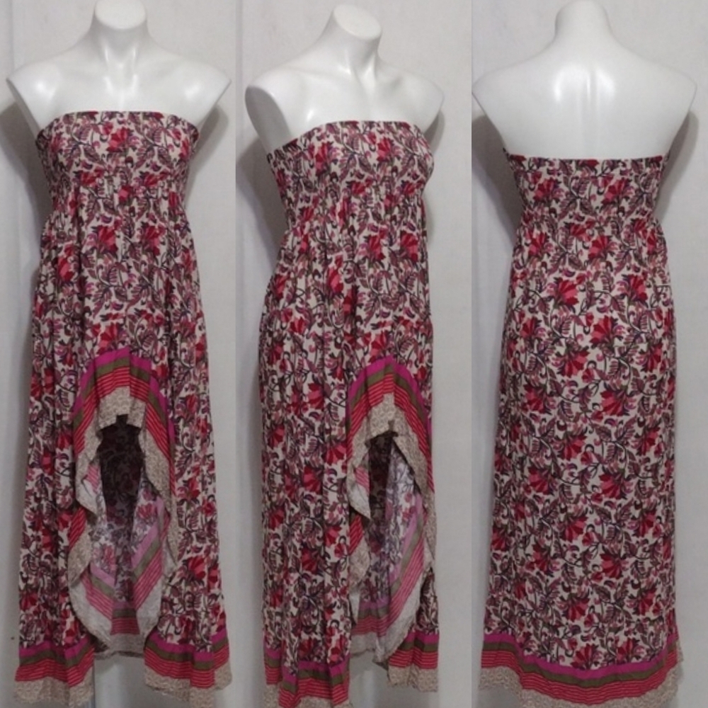 Boho Floral Strapless Smocked Ruffle High-Low Maxi Dress S Festival Vacation